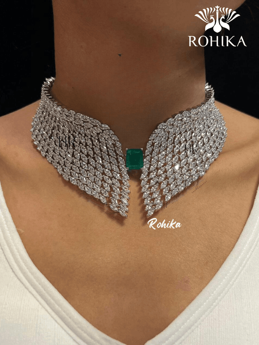 Angel american diamond necklace set - Dark green - Rohika Store