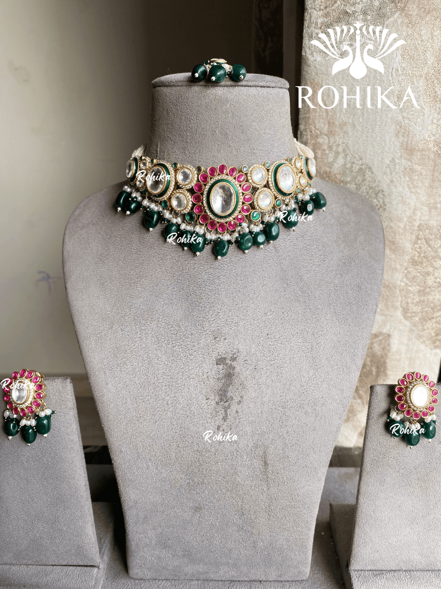 Pragya polki kundan choker set - Dark Green - Rohika Store