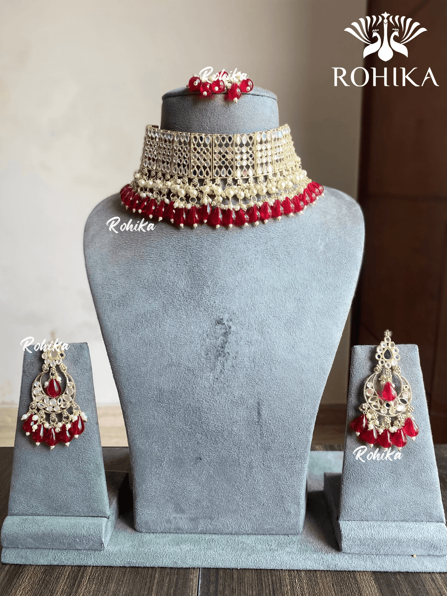 Aksa mirror choker set - Red - Rohika Store