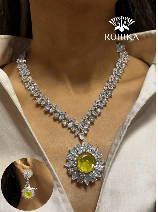 Ava american diamond necklace set - Yellow - Rohika Store