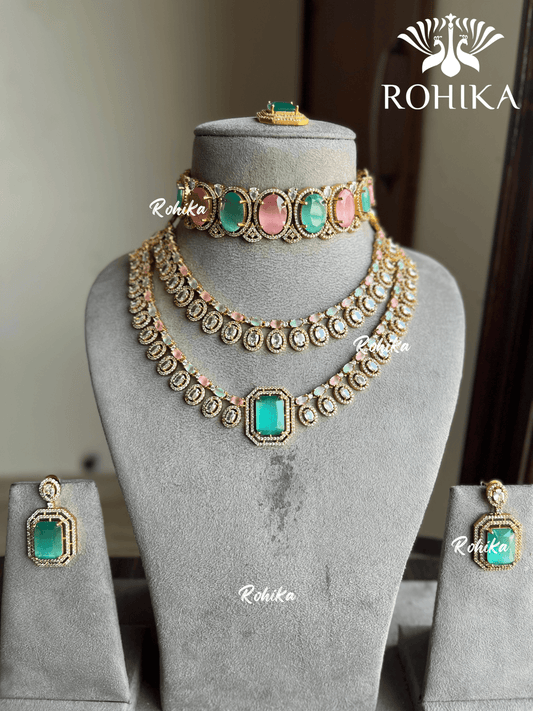 Meer american diamond necklace set - Pink and mint - Rohika Store