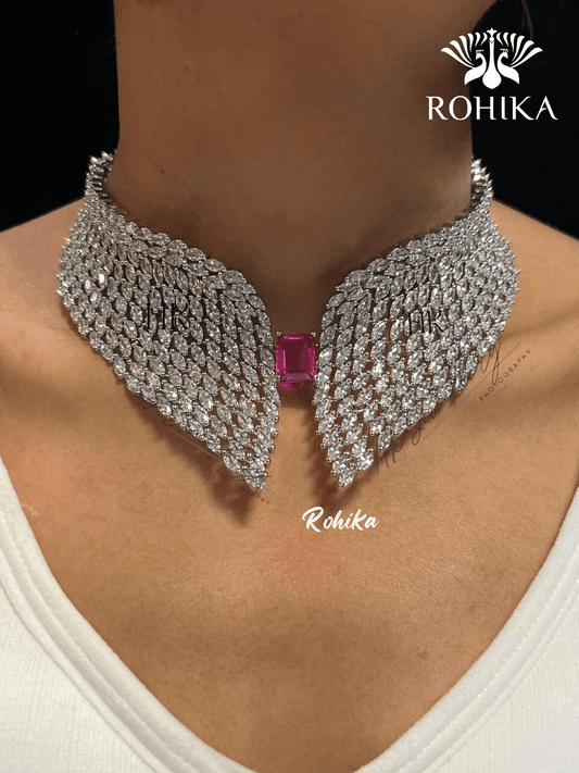 Angel american diamond necklace set - Pink - Rohika Store