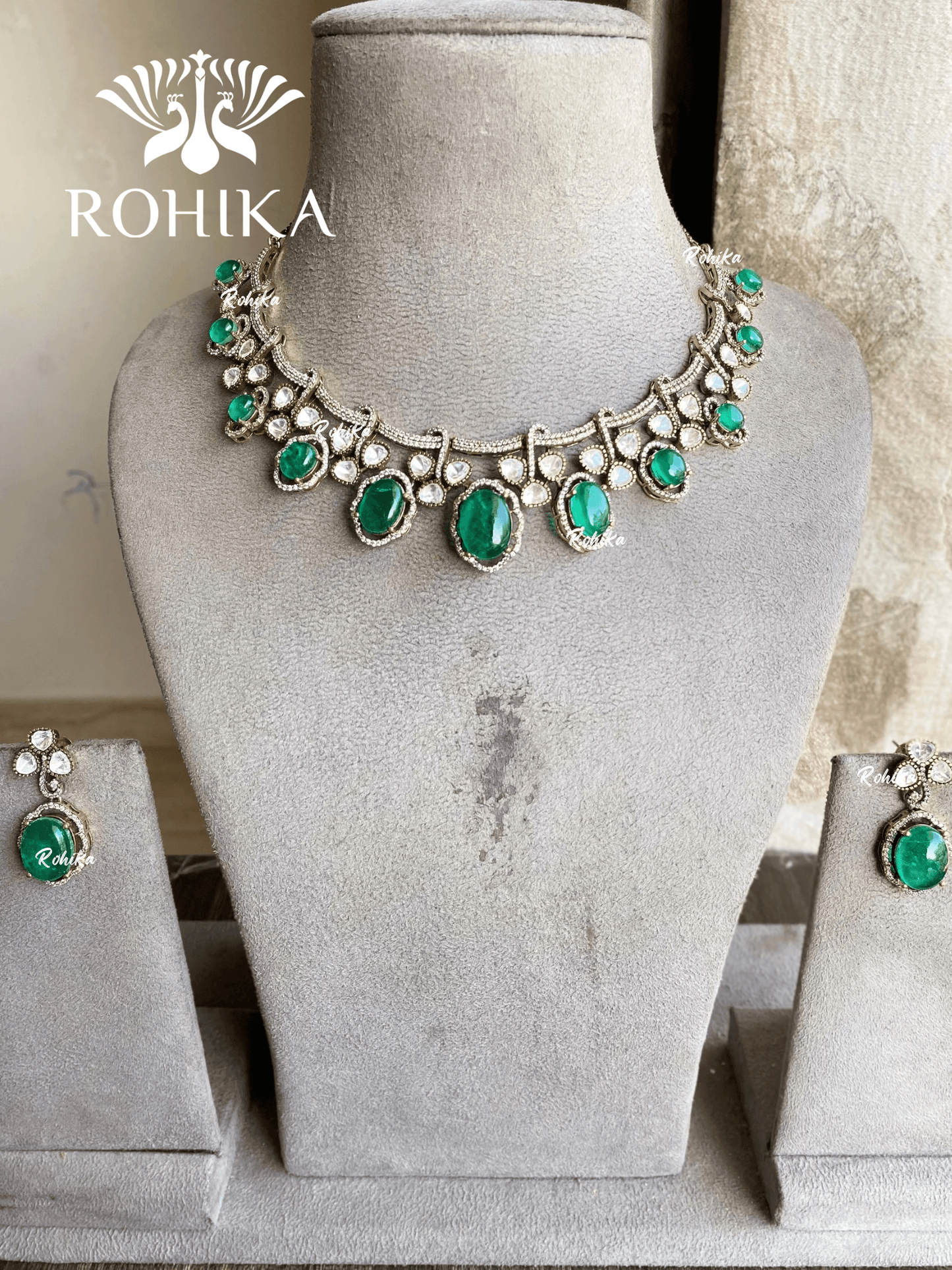 Neema polki kundan necklace set - Dark green - Rohika Store