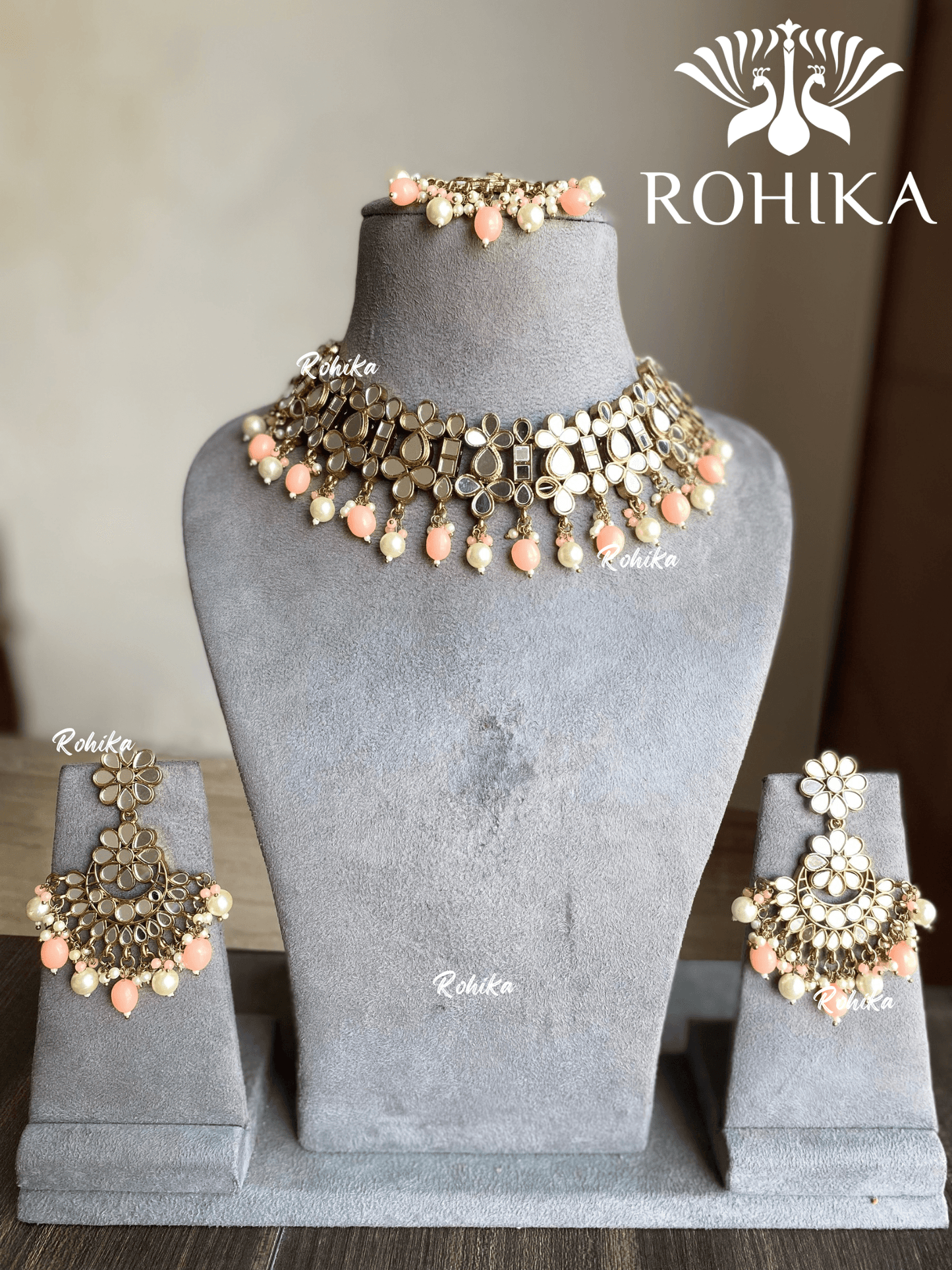 Kaniya mirror choker set - Peach - Rohika Store