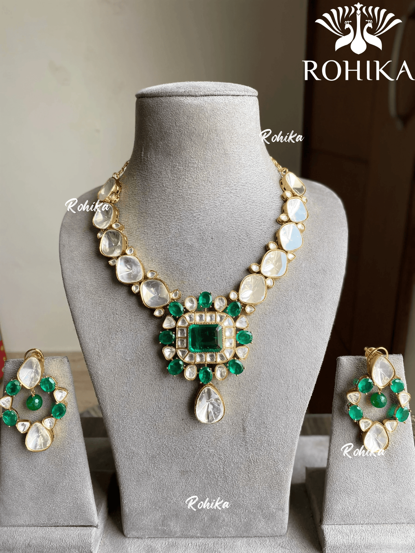 Apurva moisinite necklace set - Dark Green - Rohika Store