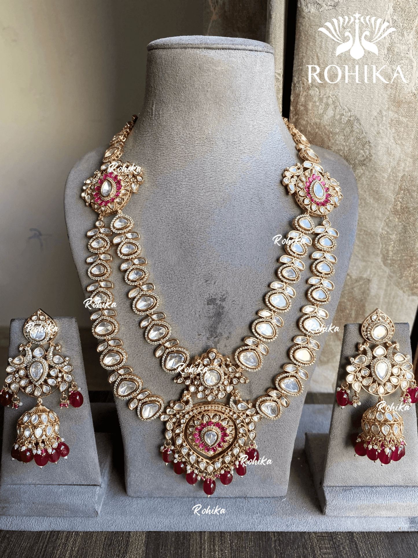 Ariha moisanite long necklace set - Red - Rohika Store