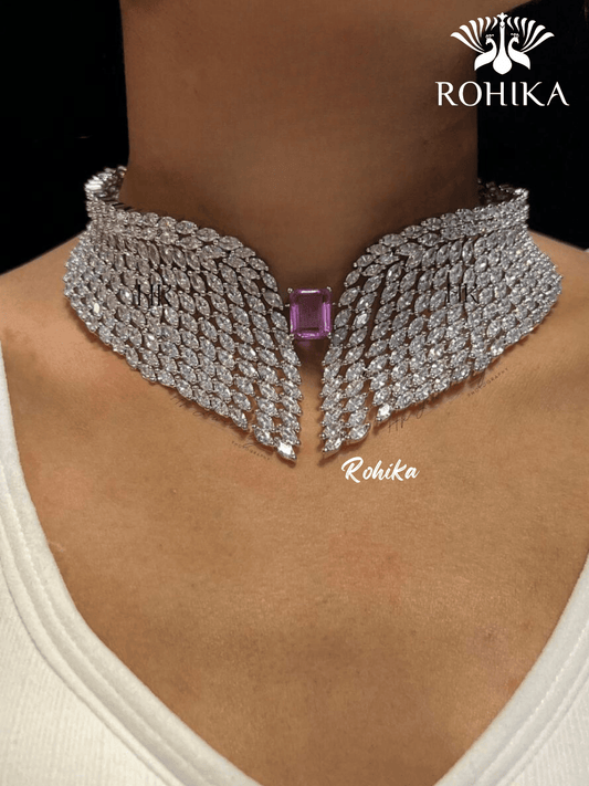 Angel american diamond necklace set - Light Purple - Rohika Store