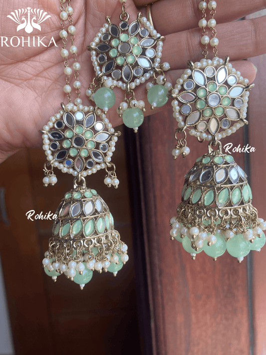 Chamki mirror jhumka earrings tikka combo - Mint Green - Rohika Store