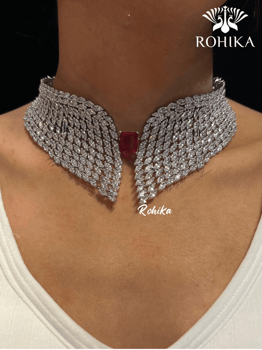 Angel american diamond necklace set - Red - Rohika Store