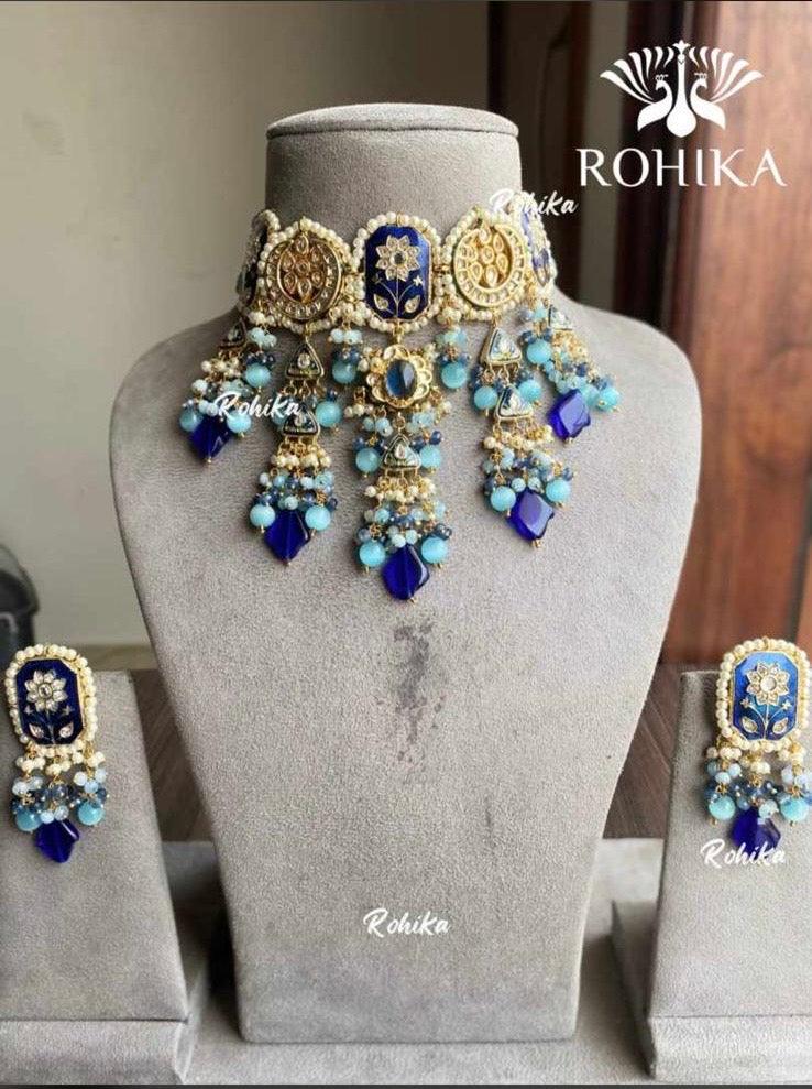 Somaiya meenakari kundan choker set - Blue - Rohika Store