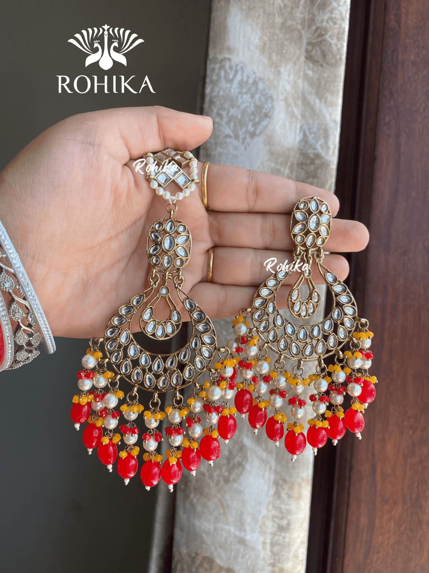Madhur earrings and maangtikka - Red - Rohika Store