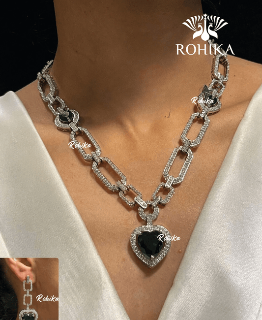Keyla american diamond necklace set - Dark green - Rohika Store
