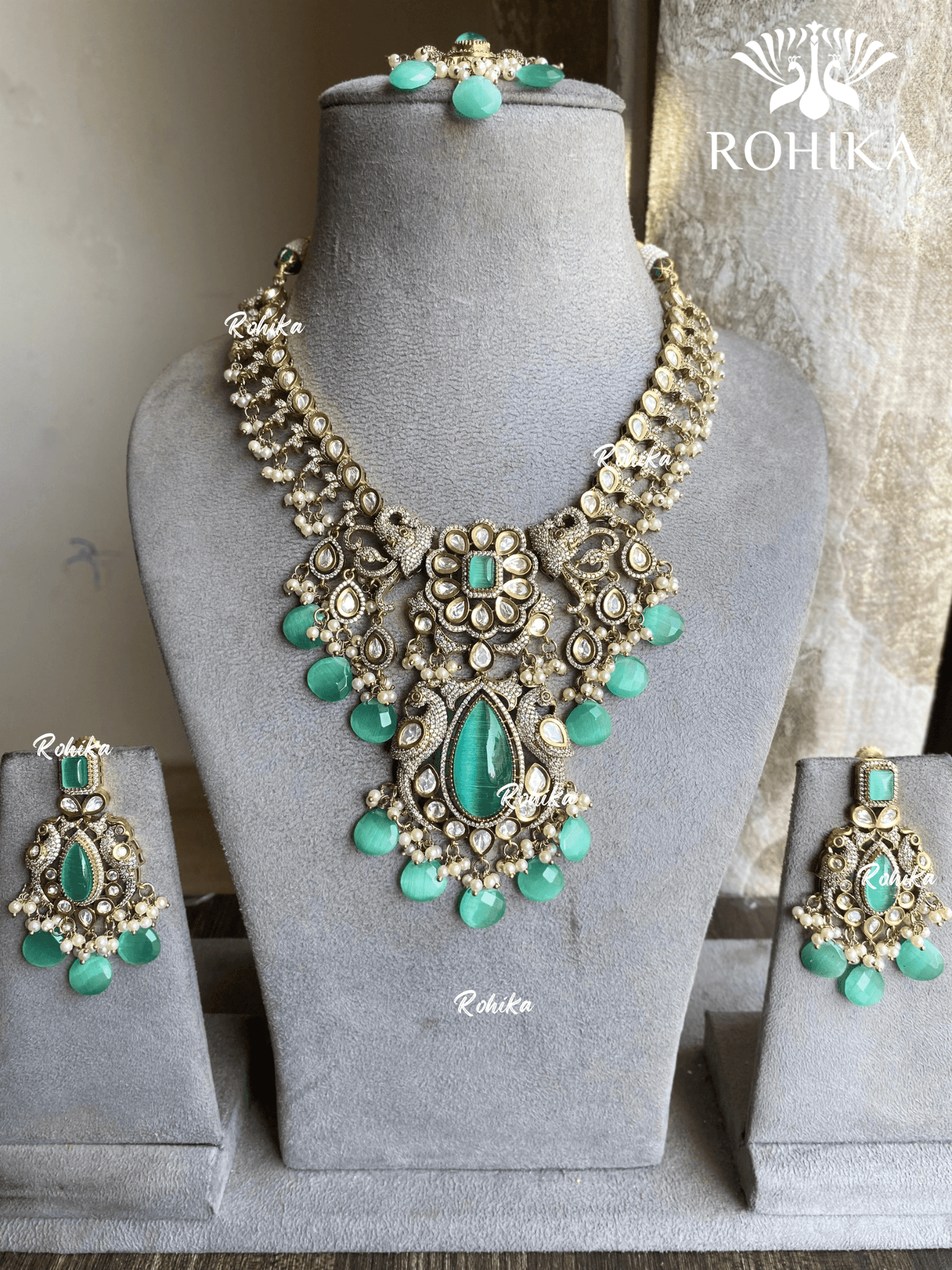 Ekta victorian necklace set - Mint Green - Rohika Store