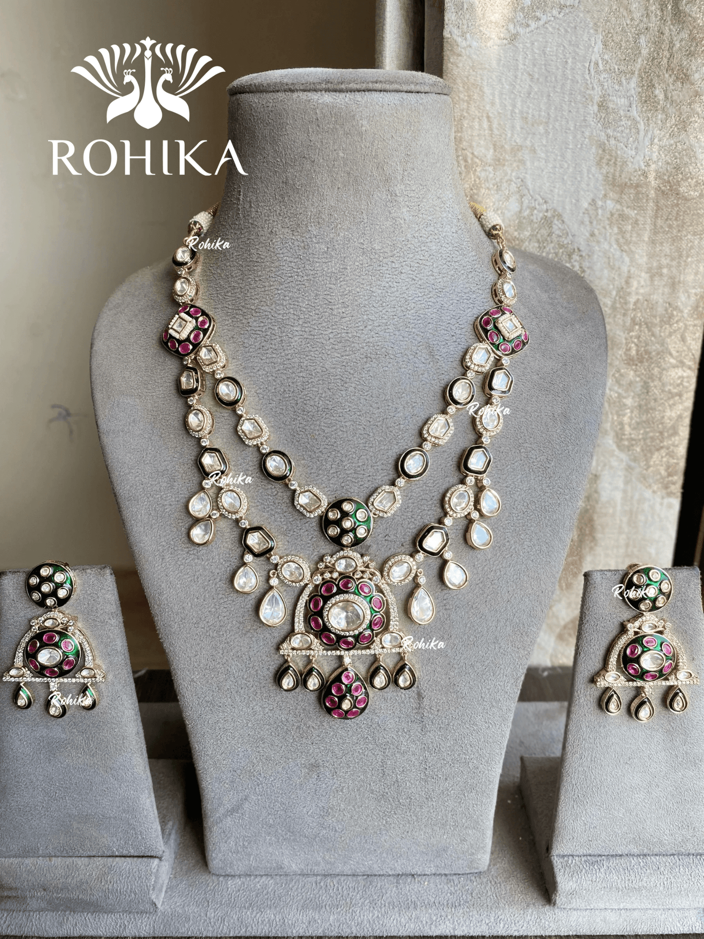 Vann moisanite polki necklace set - Green and Pink - Rohika Store