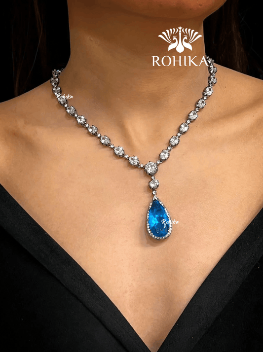 Emily american diamond necklace set - Blue - Rohika Store