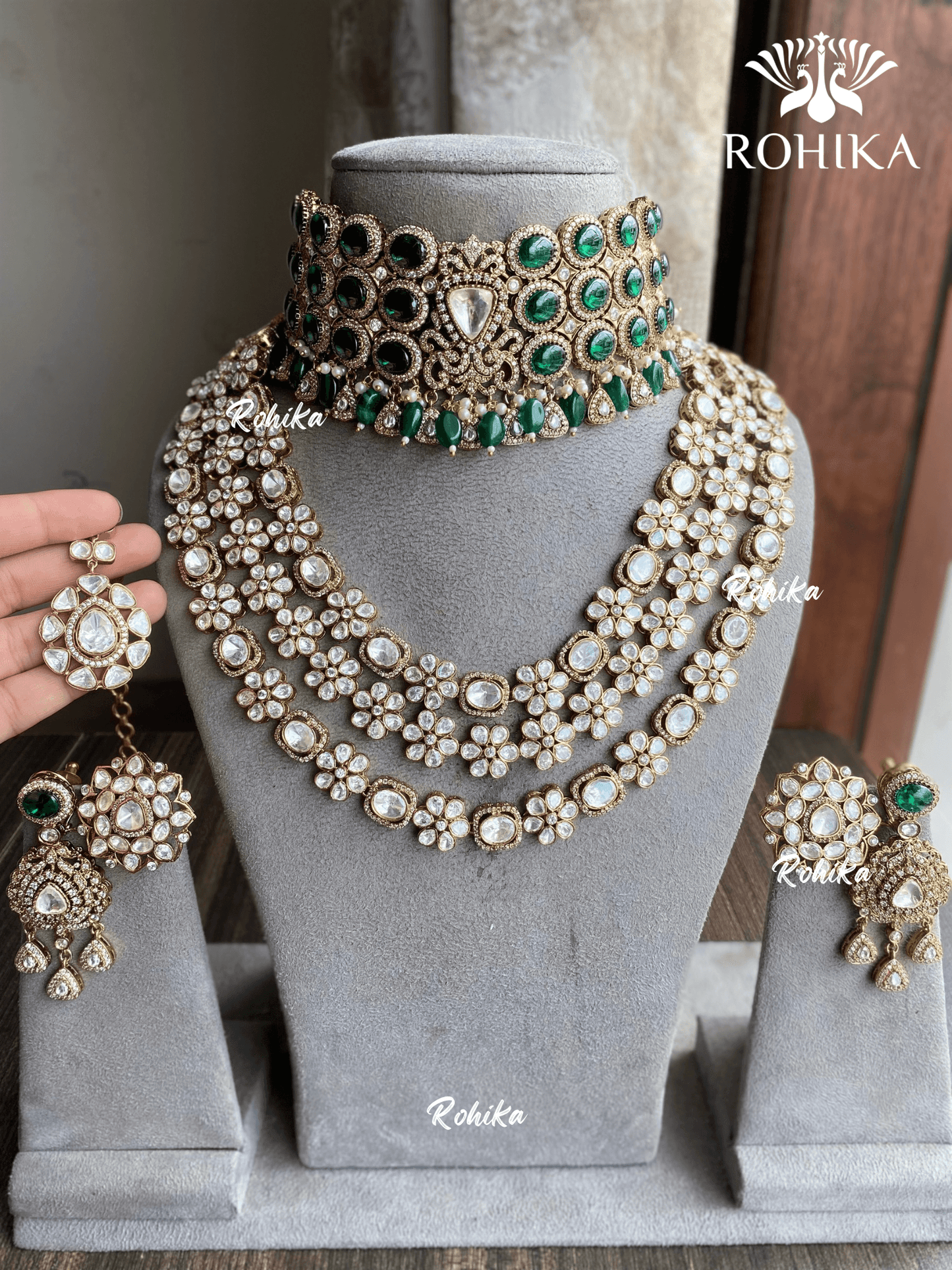 Adya moisanite kundan bridal combo set - Dark Green - Rohika Store