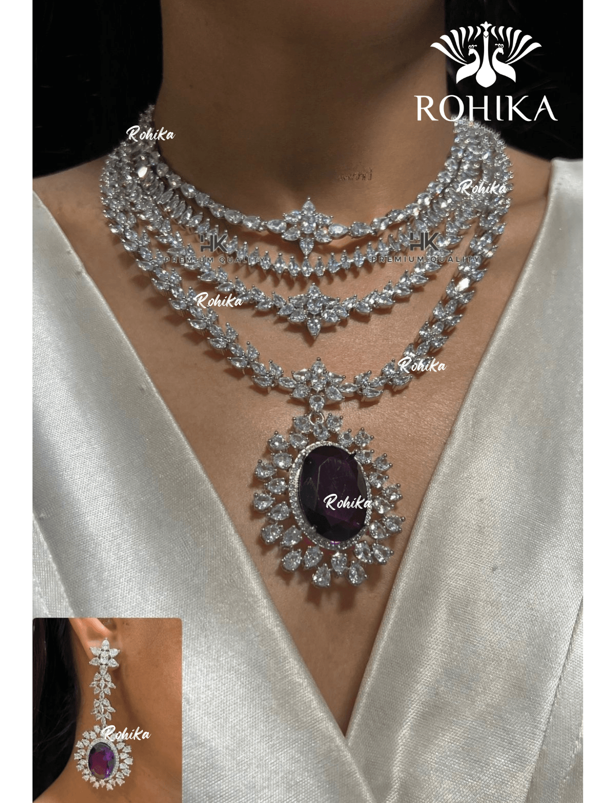 American diamond necklace set (ADN -010) - Dark purple - Rohika Store