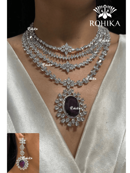 American diamond necklace set (ADN -010) - Dark purple - Rohika Store