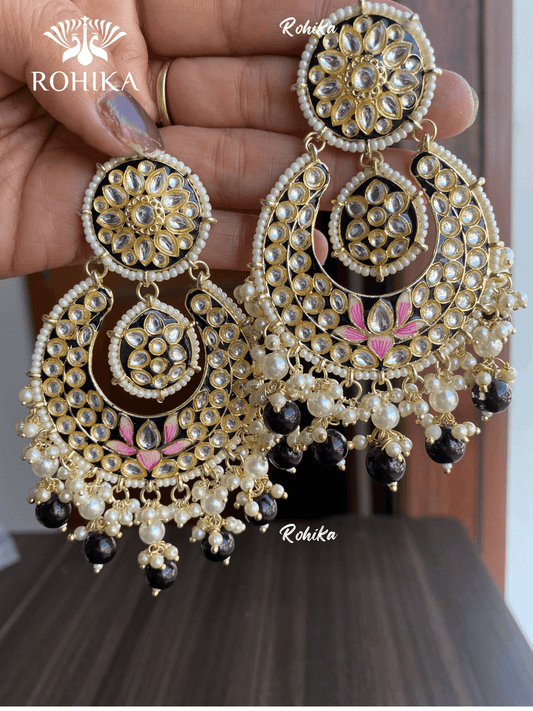 Sudha meenakari chandbali earrings - Black - Rohika Store