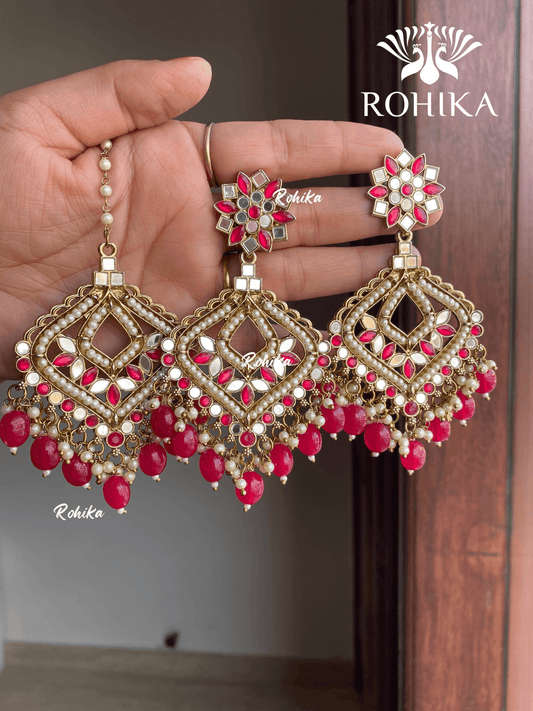 Priyam mirror earrings tikka combo - Meganta - Rohika Store