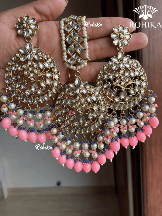 Sapna earrings and maangtikka combo - Light Pink - Rohika Store
