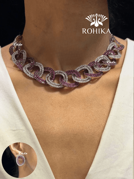 Ella american diamond necklace set - Pink - Rohika Store