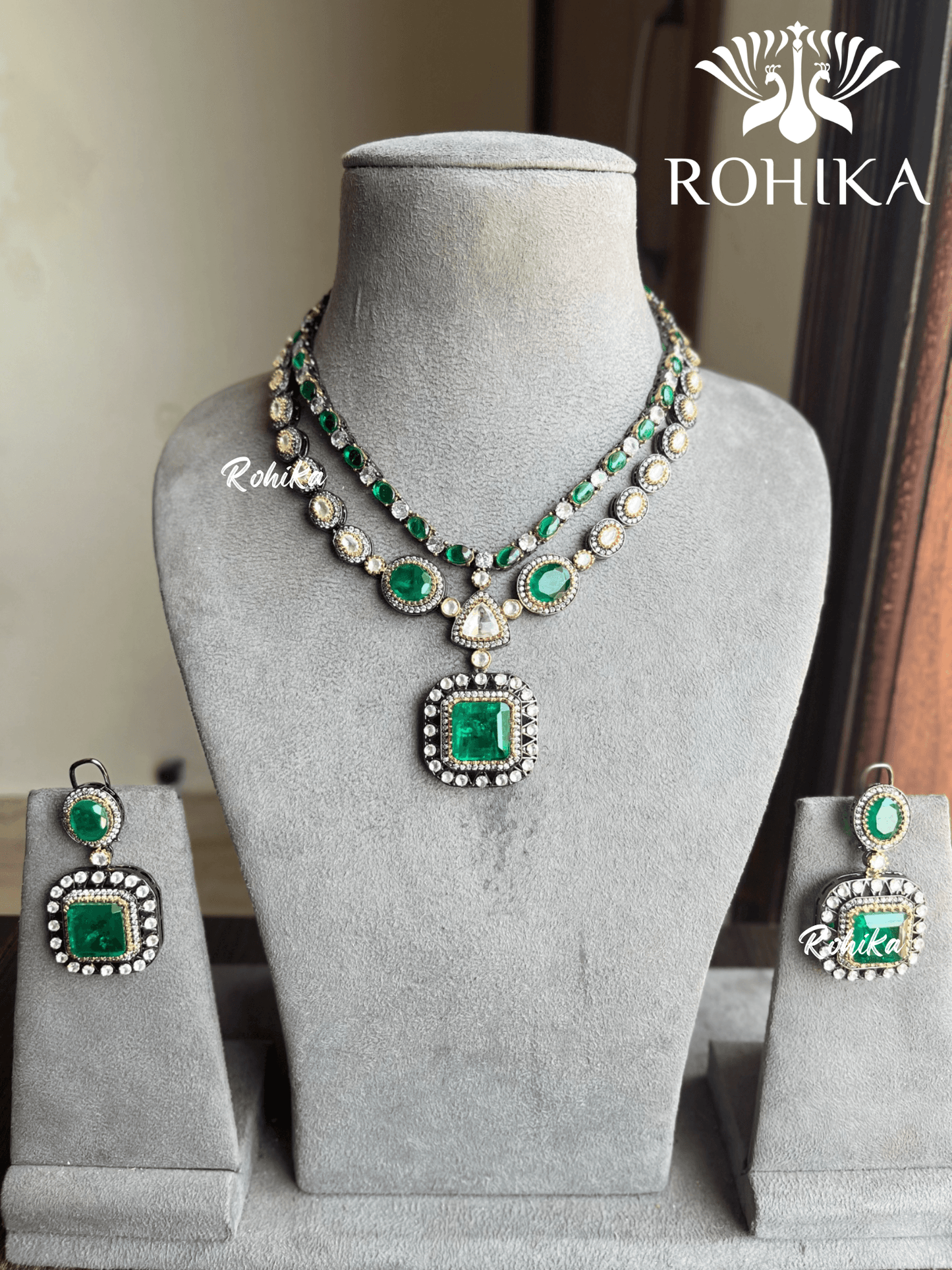 Ganga doublet necklace set - Green - Rohika Store