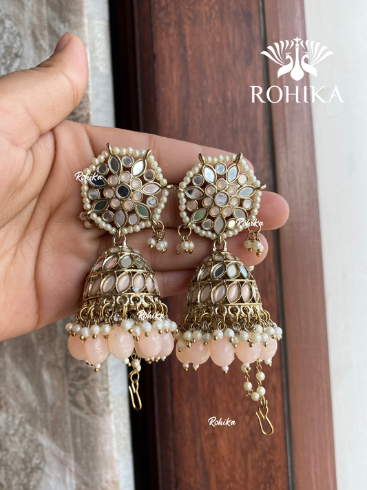 Chamki mirror jhumka earrings tikka combo - Peach