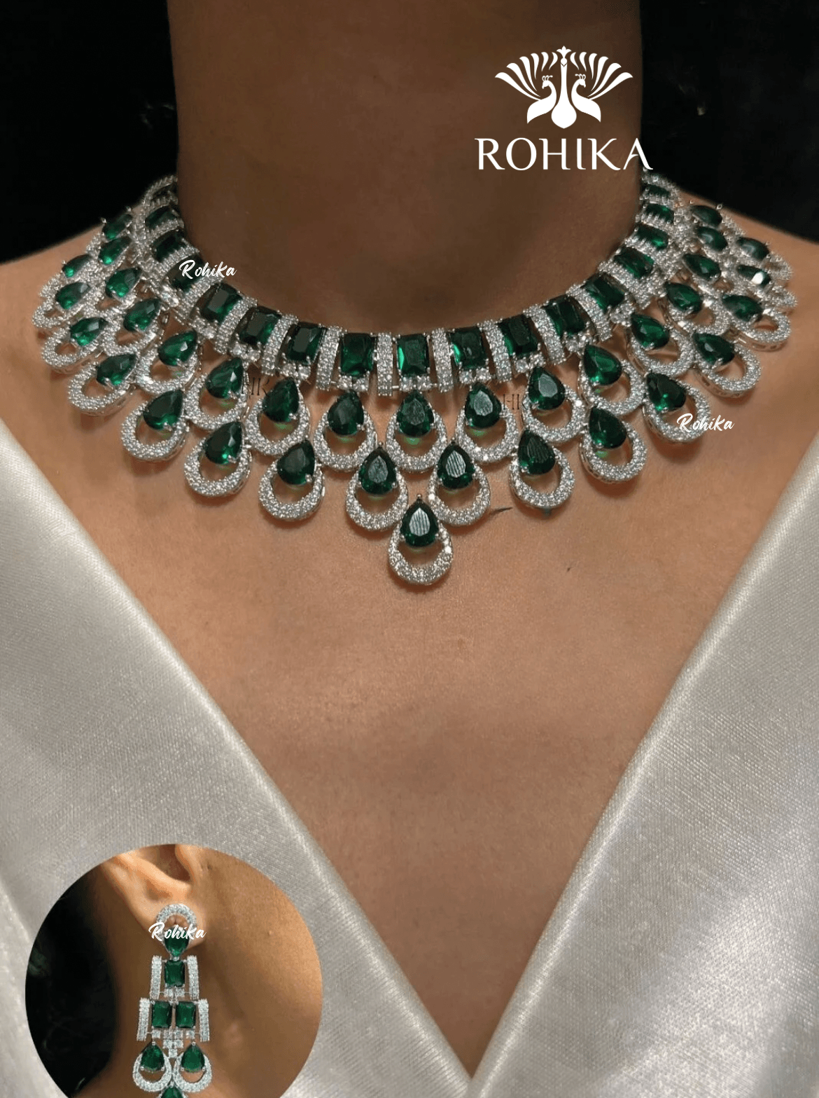 Leslie american diamond necklace set - Dark green - Rohika Store