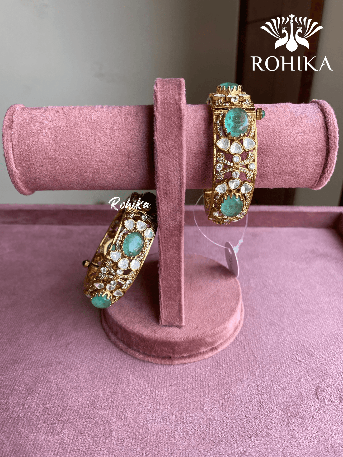 Purva doublet stone kundan kada/bangles - Mint green - Rohika Store