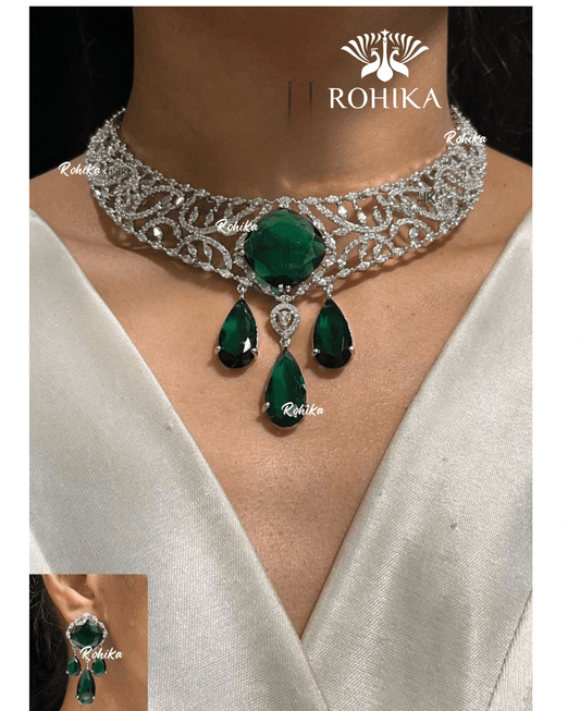 American diamond necklace set (ADN -001) - Dark green - Rohika Store