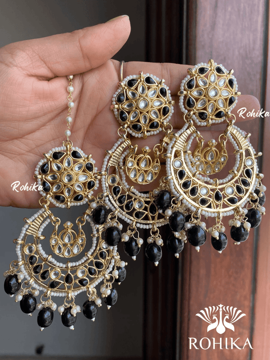 Karina earrings and maangtikka combo - Black - Rohika Store