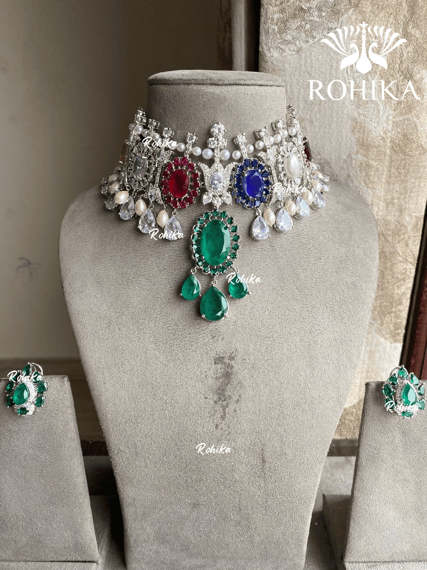 Isham american diamond necklace set - Navratna/Multi colour - Rohika Store