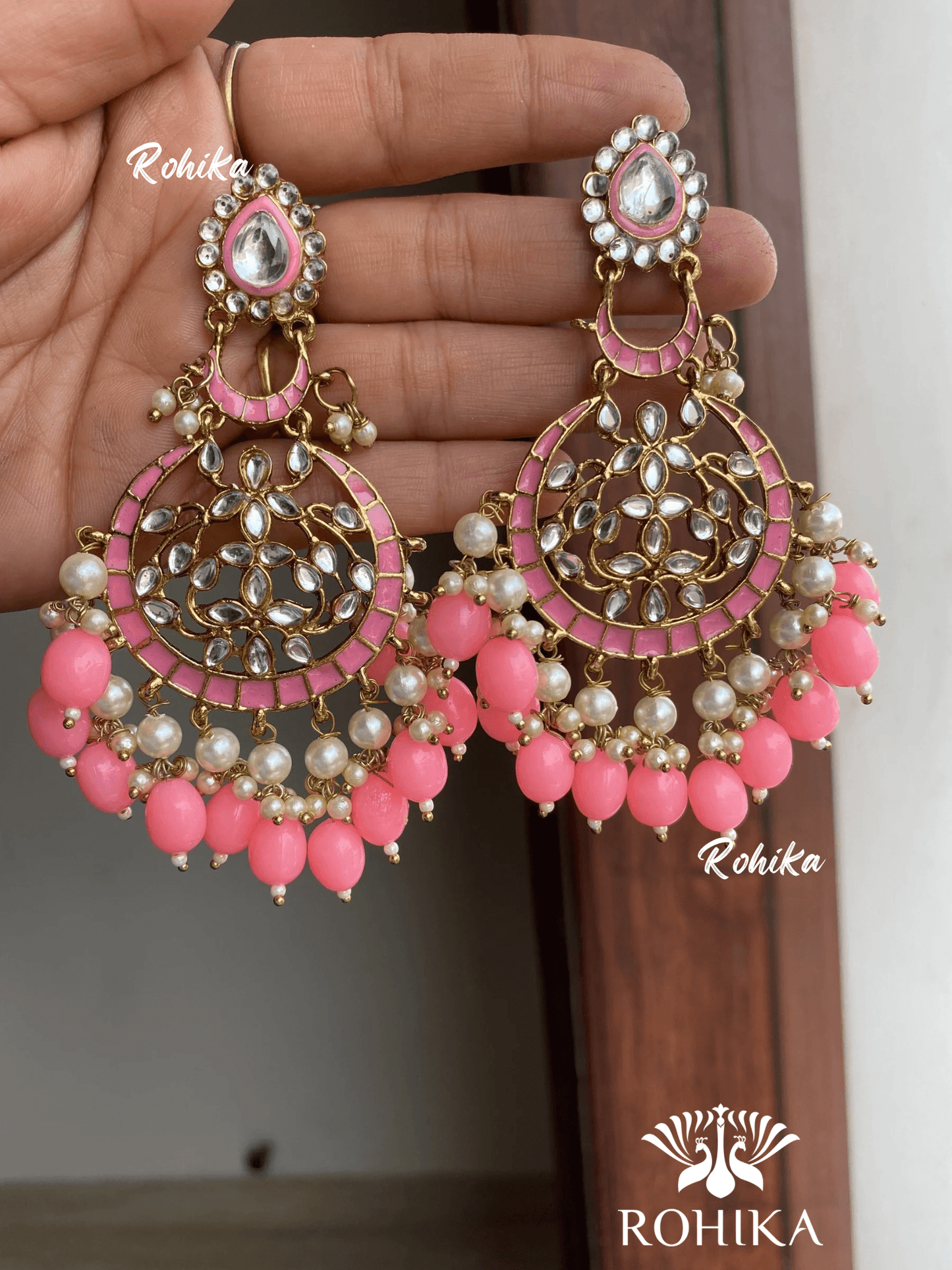 Kajal meenakari kundan earrings - Pink - Rohika Store