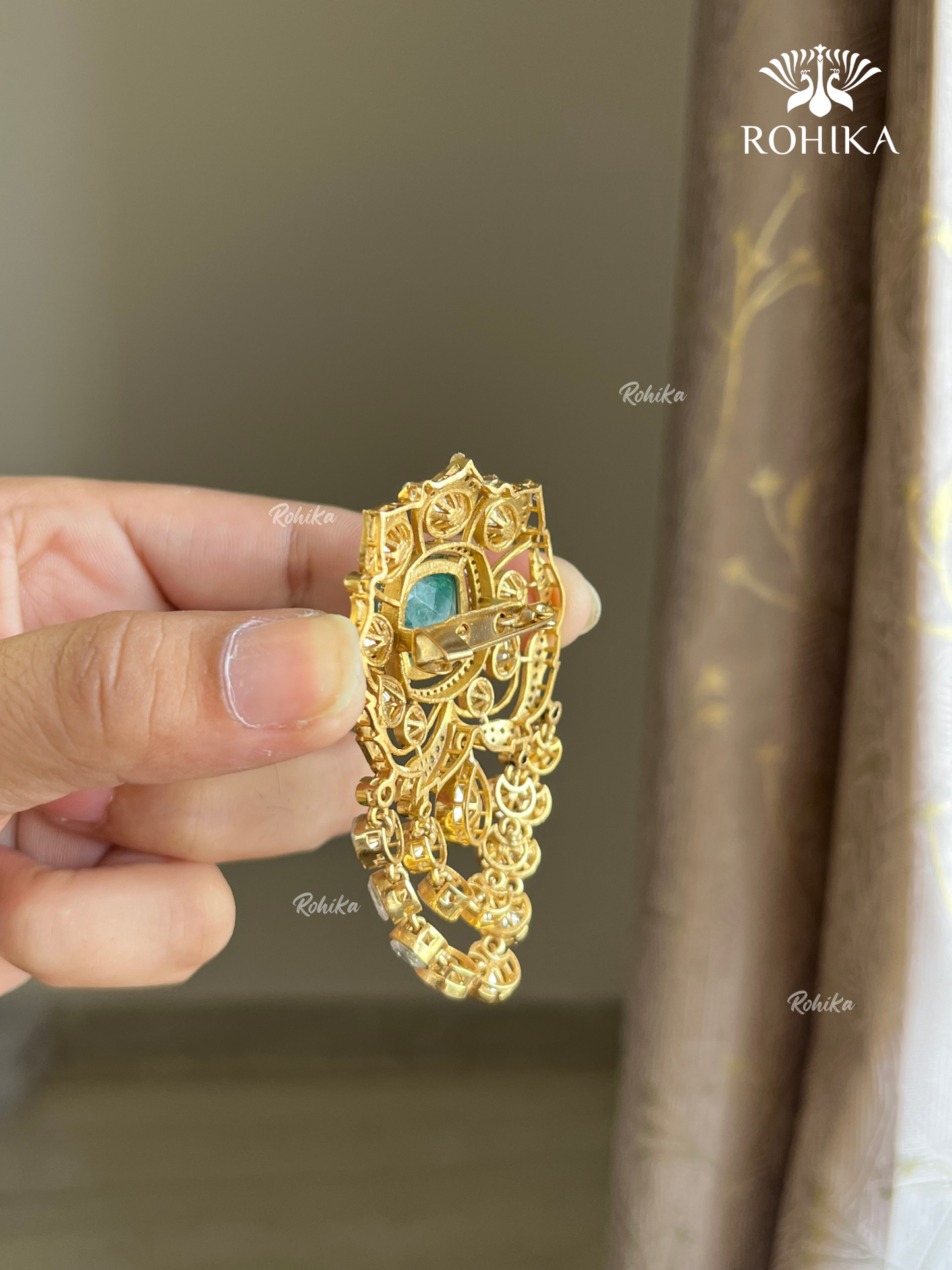 Moisanite kundan Brooch (BR-001) - Dark Green