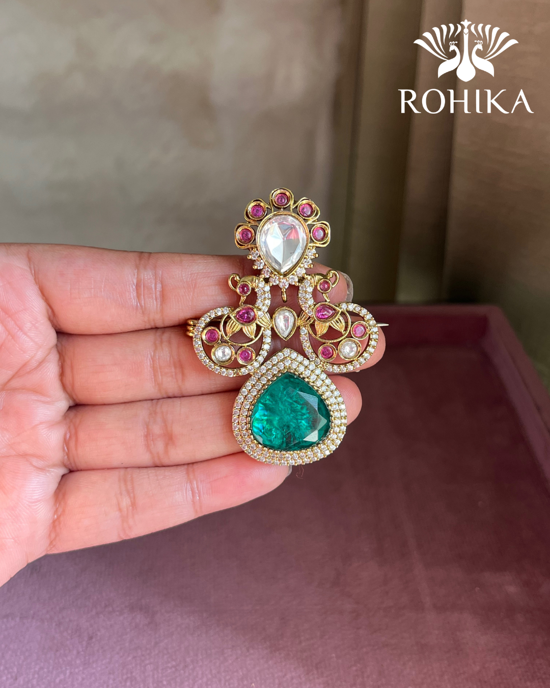 Polki Kundan Brooch (BR-008) - Green