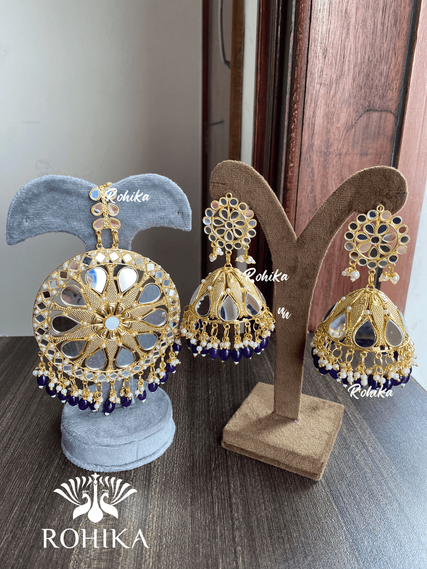XXL mirror maangtikka with earrings - Navy Blue - Rohika Store
