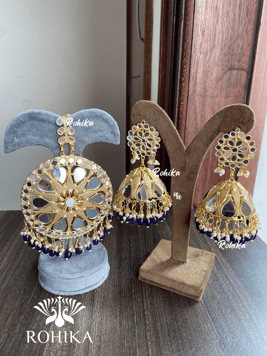 XXL mirror maangtikka with earrings - Navy Blue - Rohika Store