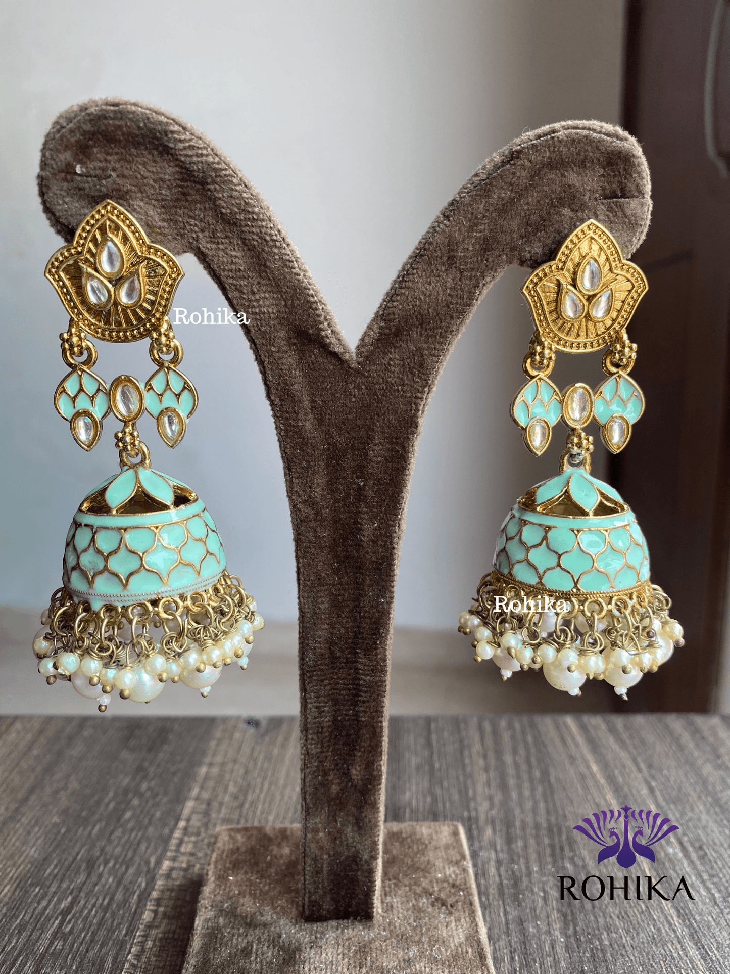Blossom meenakari jhumka - Sky Blue - Rohika Store