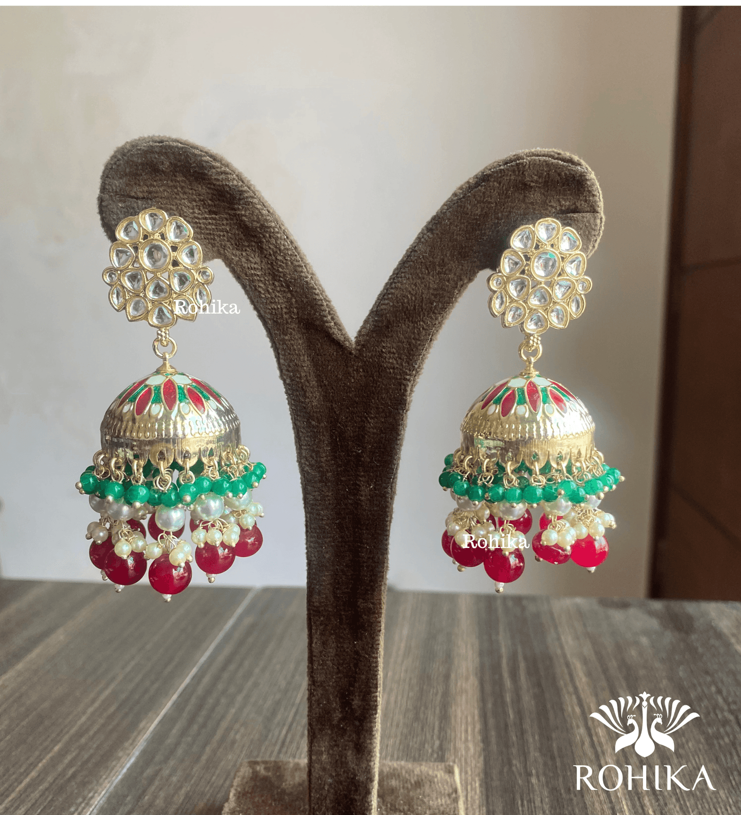 Rashmita jhumka earrings - Maroon and green - Rohika Store