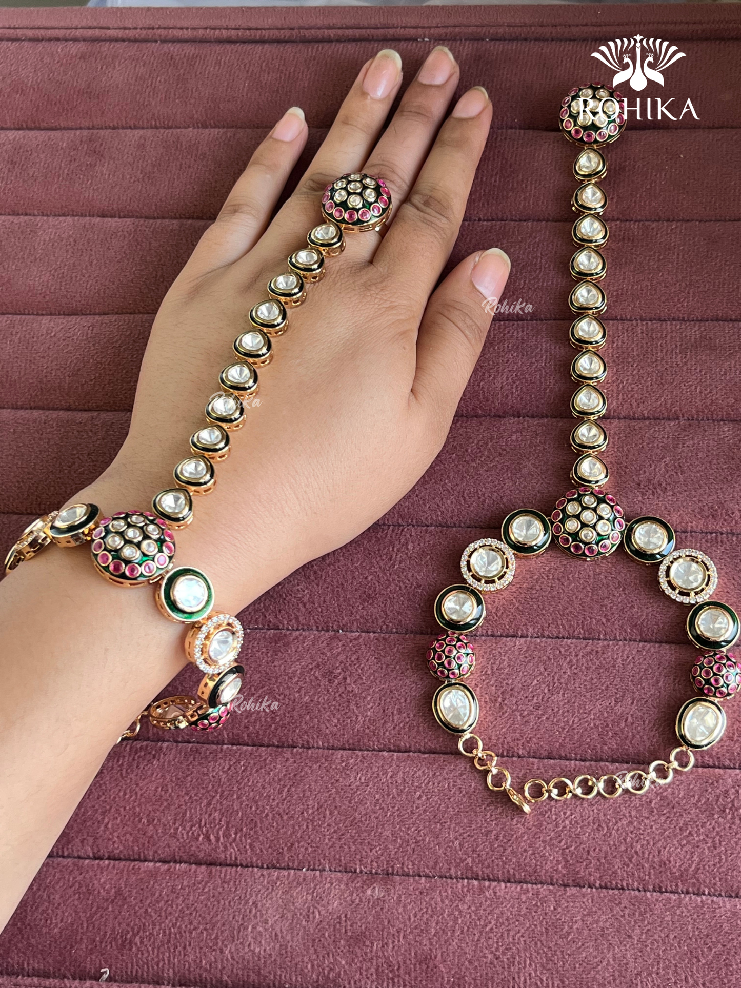 Bikaneri kundan haathphool (HP021) - Green and Ruby Red