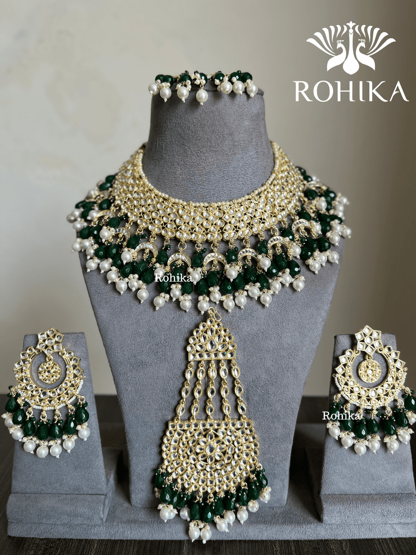 Shaheen Dabi Kundan bridal necklace set - Dark Green - Rohika Store