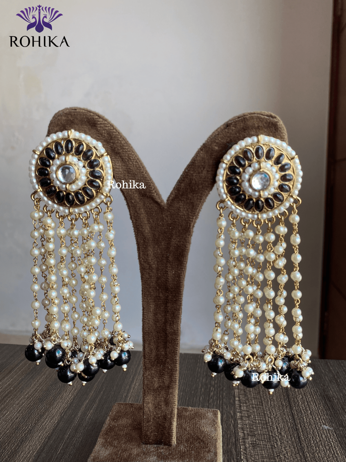 Pearl kundan earrings - Black - Rohika Store