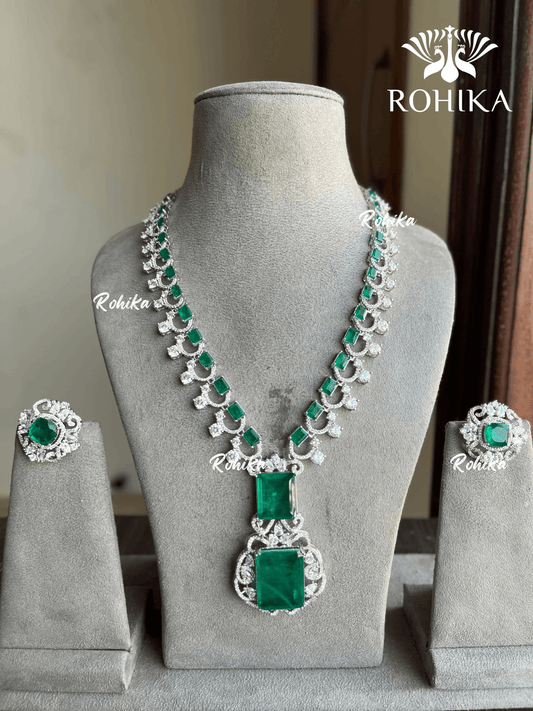 Nita American diamond necklace set - Dark green - Rohika Store