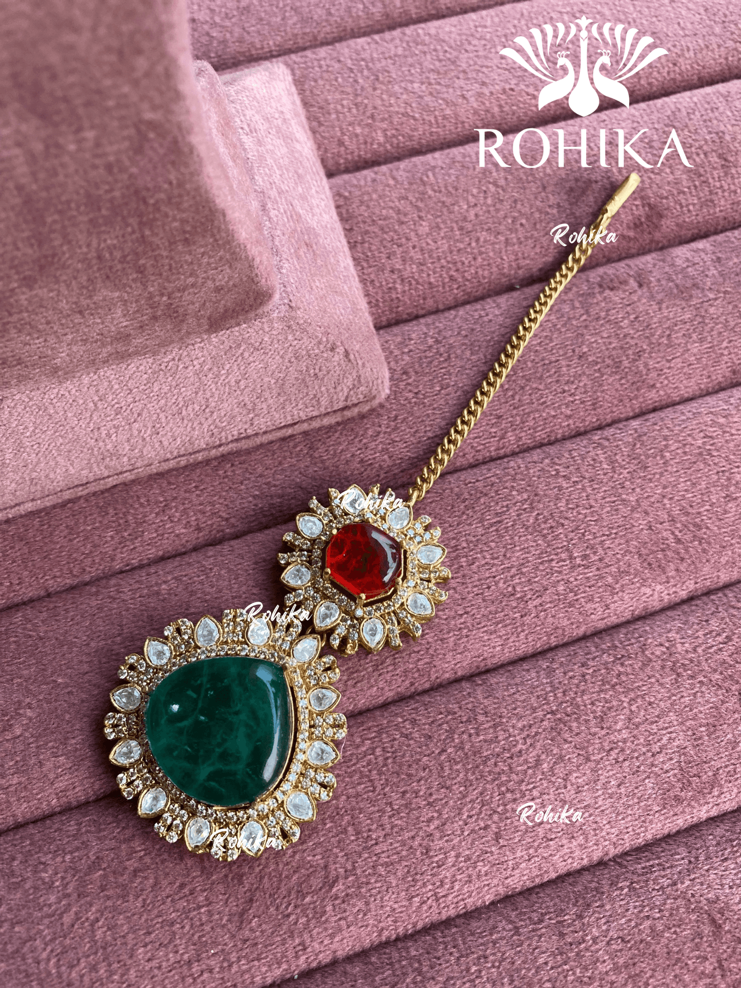 Siya doublet stone maangtikka - Red & dark green - Rohika Store