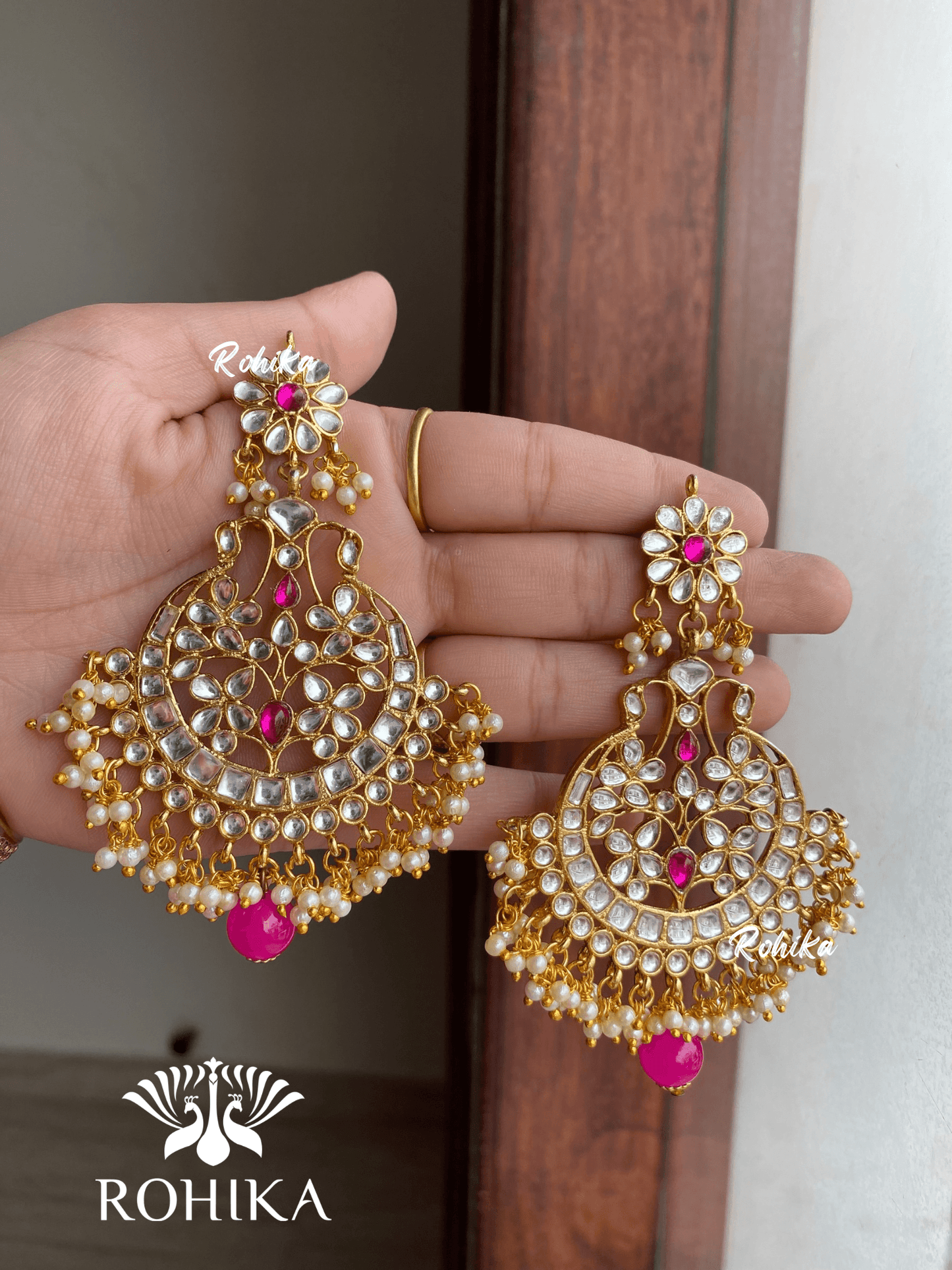 Kavee earrings and maangtikka combo - Pink - Rohika Store