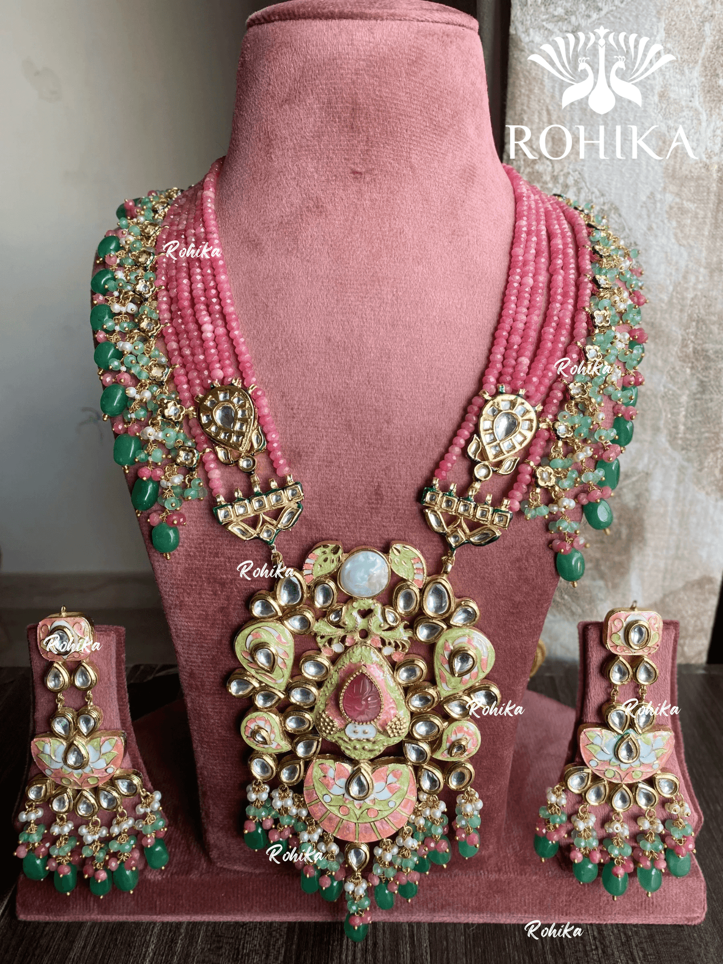 Divya meenakari kundan long necklace set - Pink & green - Rohika Store