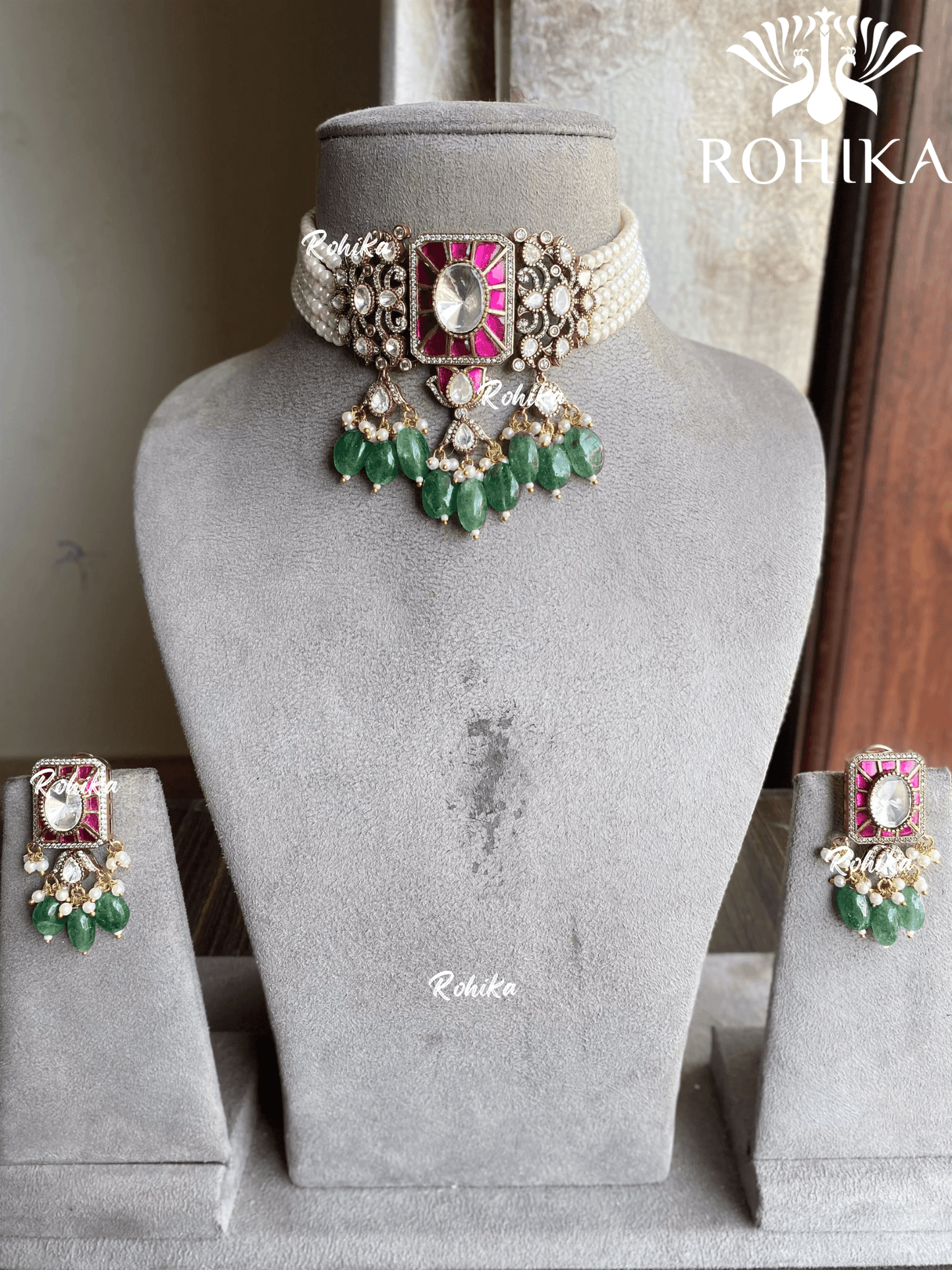 Akira moisanite choker set - Green & pink - Rohika Store