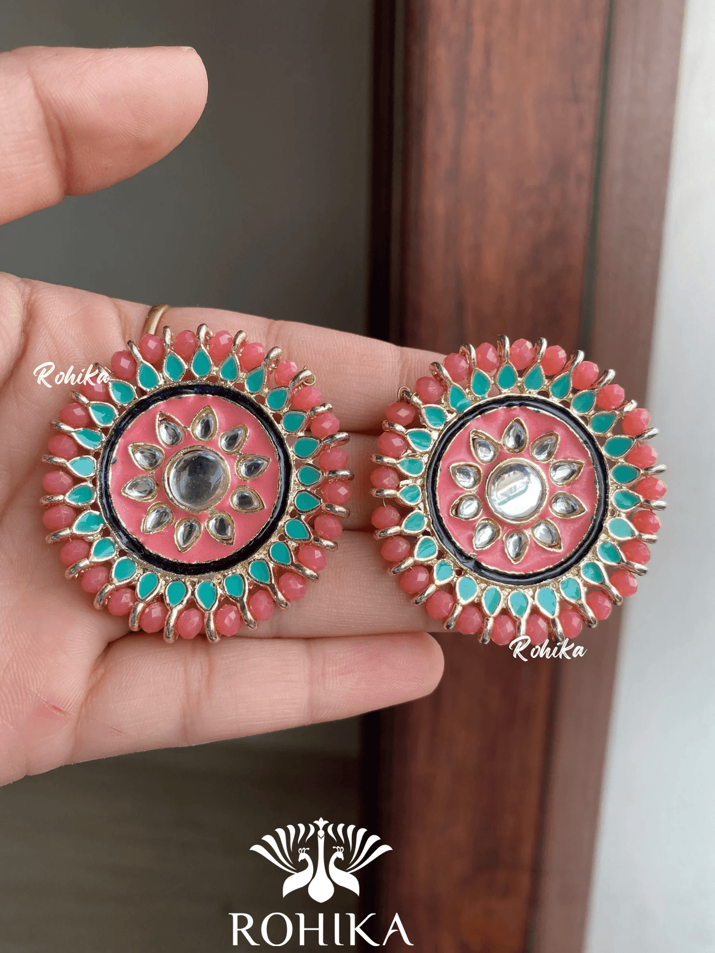 Zooni kundan studs - Dark pink - Rohika Store