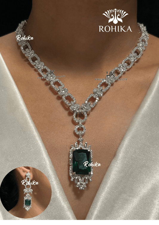 Bethany american diamond necklace set - Dark green - Rohika Store